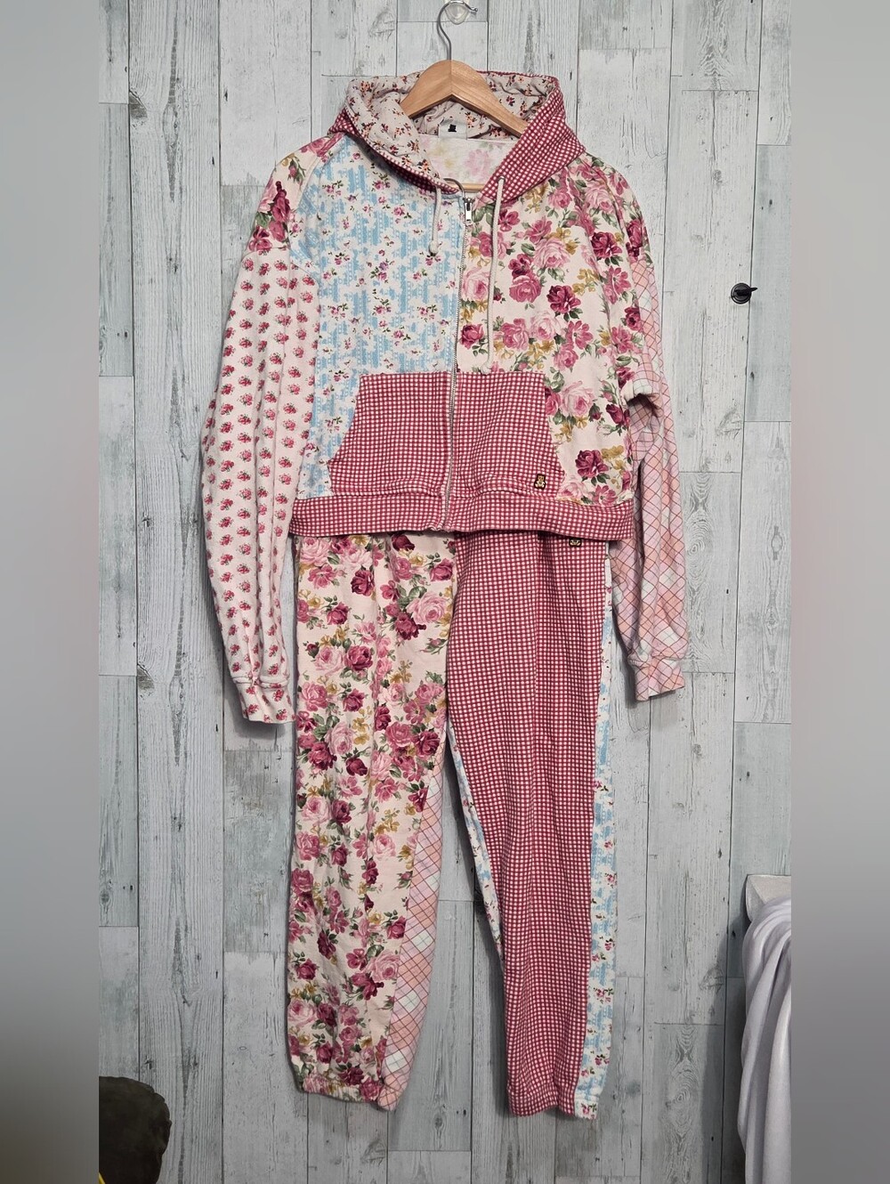 Teddy Fresh Patchwork Floral Gingham Hoodie Joggers Sweat Set Sz. XL